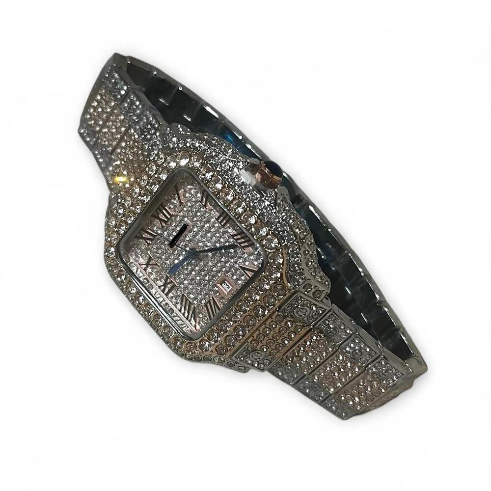 Iced Out Square Luxury Watch Blue Dial Two Tone Bussdown Style